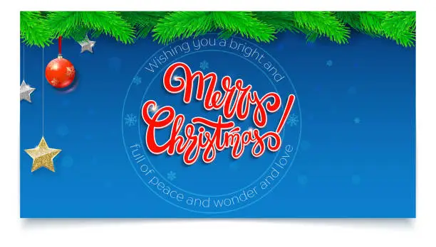 Vector illustration of Merry Christmas, calligraphic lettering on banner with fir branches, Christmas ball and stars. Falling snowflakes on backdrop. Design for posters, print design, creative arts. 3D illustration