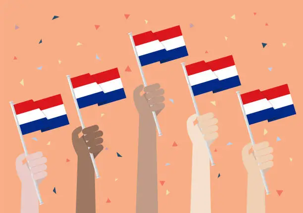 Vector illustration of Hands Holding Up Netherlands Flags