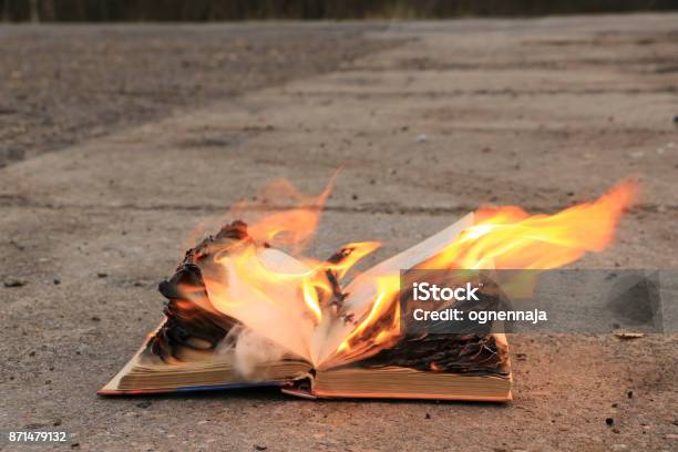Book With Burning Pages On A Concrete Surface Stock Photo - Download Image Now - Book, Burning, Burnt