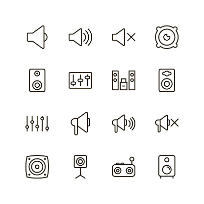Speaker icon set. Collection of high quality outline sound pictograms in modern flat style. Black music symbol for web design and mobile app on white background. Audio line logo.