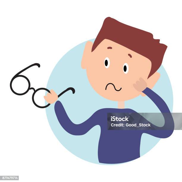 Upset Boy Holding Glasses And Looking Puzzled Isolated Flat Illustration On A White Backgroud Cartoon Vector Image Stock Illustration - Download Image Now