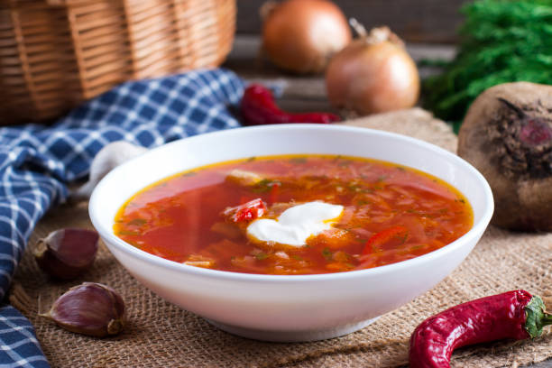 istock Beetroot soup Traditional Ukrainian borscht with sour cream 871482384