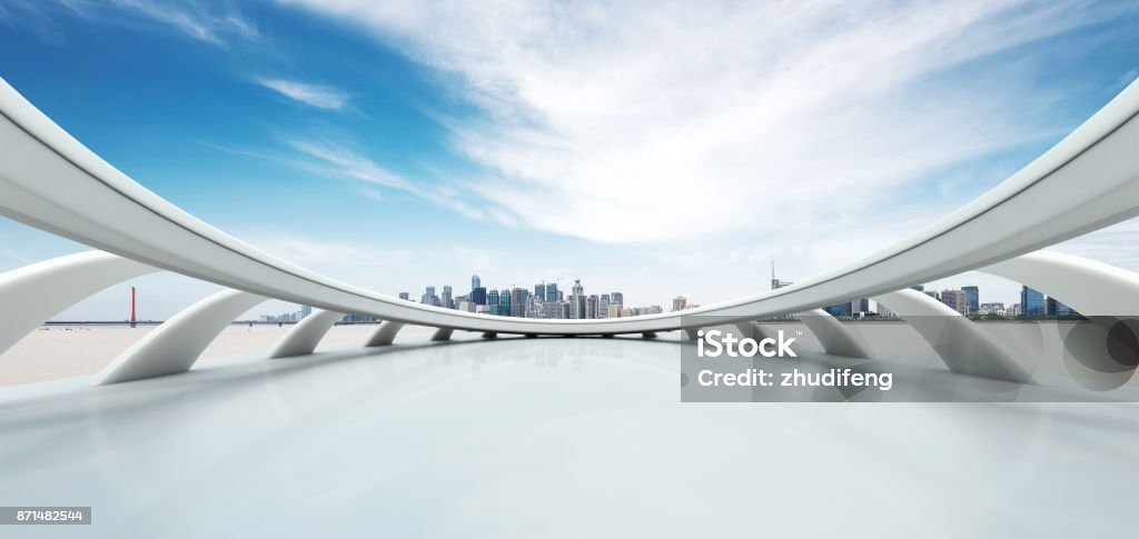 empty abstract window with modern bridge and buildings empty abstract window and cityscape of hangzhou qianjiang new city in blue cloud sky Abstract Stock Photo