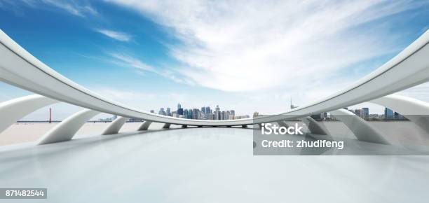 Empty Abstract Window With Modern Bridge And Buildings Stock Photo - Download Image Now