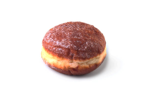 istock Homemade Doughnuts with Jelly filled and powdered sugar isolated on white background. Selective focus. 871486188