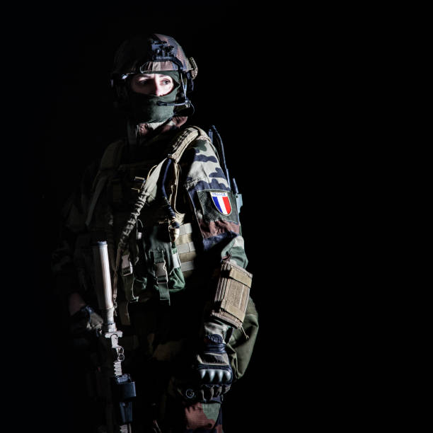 French paratrooper with weapons stock photo