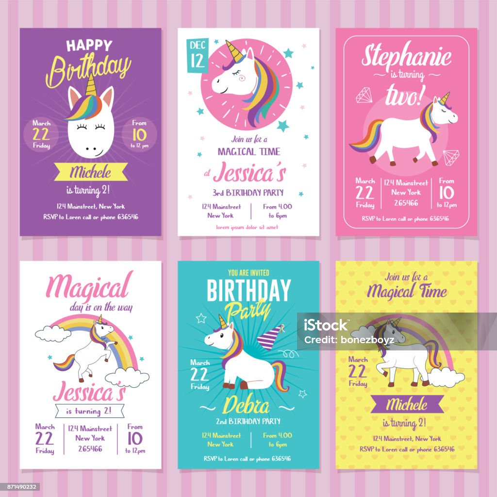Set of Unicorn Birthday Invitation Cards Card, label and poster for printing. Invitation for kids party Invitation stock vector