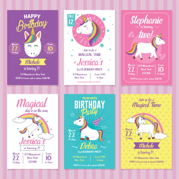 Set of Unicorn Birthday Invitation Cards Card, label and poster for printing. Invitation for kids party fairy tale font stock illustrations