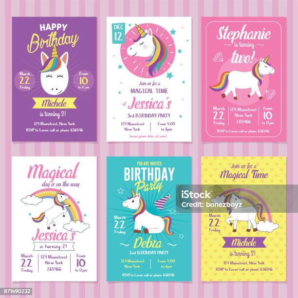 Set Of Unicorn Birthday Invitation Cards Stock Illustration - Download Image Now - Invitation, Birthday, Unicorn