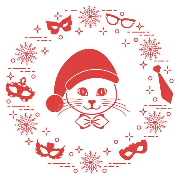 クリスマス帽子、カーニバルの仮面、雪片、眼鏡、ネクタイで猫の銃口。カーニバルのお祝いコンセプトです。 - carnival costume mask masquerade mask点のイラスト素材／クリップアート素材／マンガ素材／アイコン素材