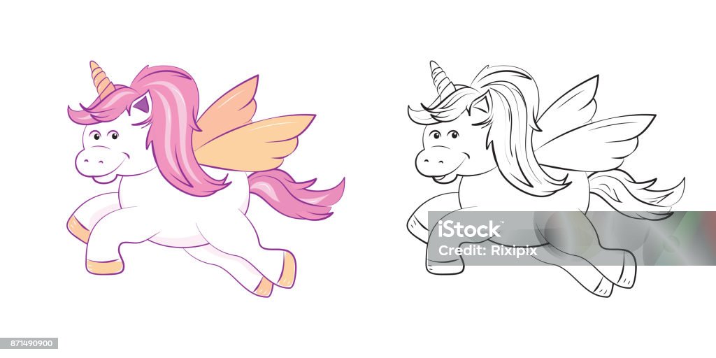 Cute flying unicorn coloring page A cute winged unicorn, in shades of pastel pink, black and white version to color in. Printable activity pages for children. EPS10 vector format Animal stock vector