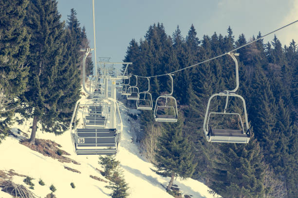 Ski lift at skiing resort. stock photo