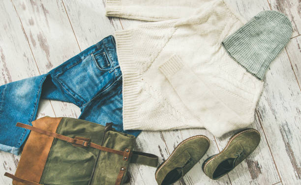 istock Flat-lay of Fall lady' s clothes outfit, horizontal composition 871494158