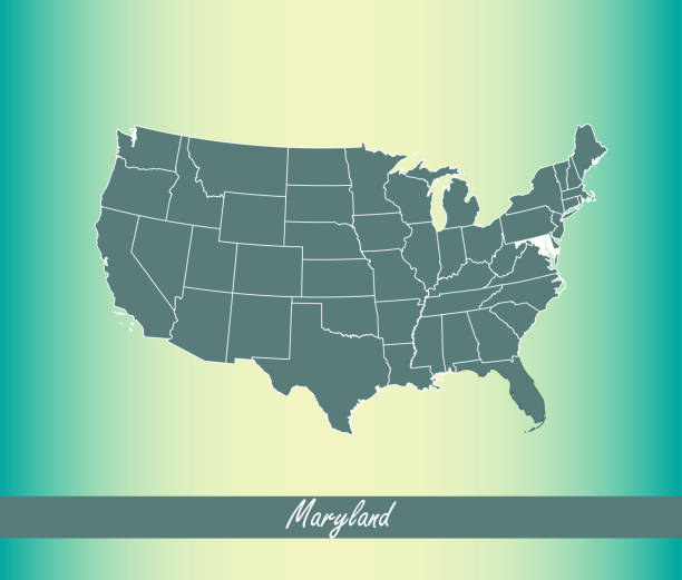 USA map vector outline illustration with highlighted state of Maryland in blue background This abstract creative map of Maryland is designed on an old color paper background. The state's name is written like a signature on a ribbon. This creative vector map is accurately prepared by a GIS and remote sensing specialist. maryland us state stock illustrations