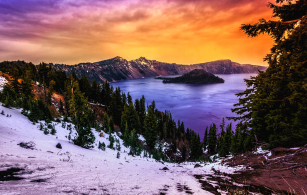 Twilight on Crater Lake, Crater Lake National Park, Oregon stock photo