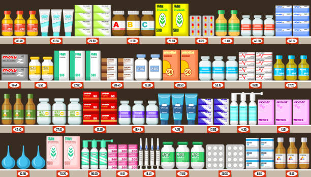 illustrations, cliparts, dessins animés et icônes de tablettes de pharmacie avec la médecine - shelf