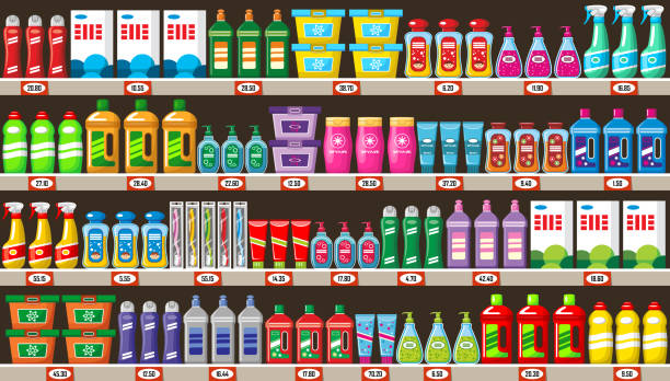 가정용 화학 제품가 게에서 선반 - chemical merchandise cleaning product domestic life stock illustrations