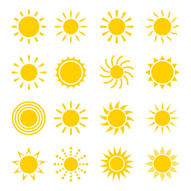ilustraciones, imágenes clip art, dibujos animados e iconos de stock de conjunto de vectores de iconos de sol - sol