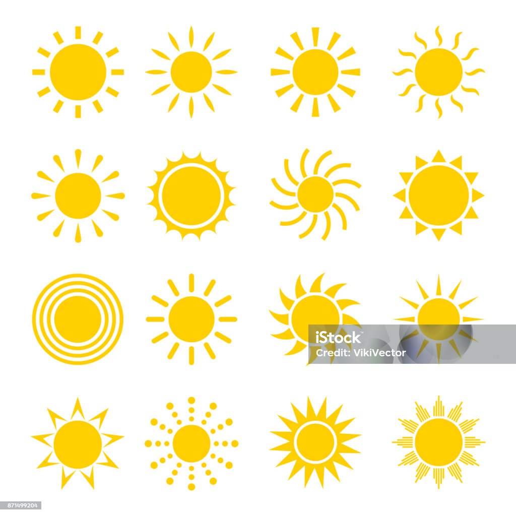 Sun icon vector set Sun icon vector set. Concept icons of the sun in a flat style. Different icons for sun . Collection of sun icons isolated on white background. Sun icon design. Sun stock vector