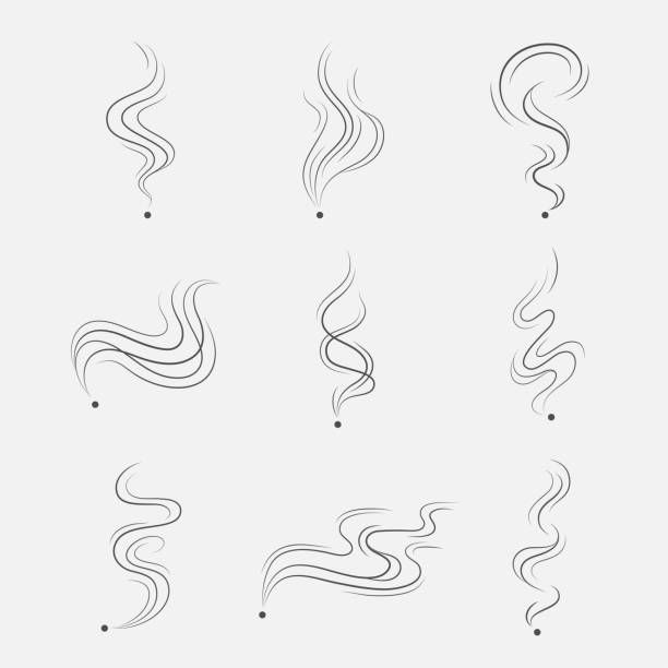 Smoke vector set Smoke, steam or vapor vector set as dark lines. Abstract icons smell isolated on white background. Simple, linear stretching up clouds fragrance. smoke illustrations stock illustrations