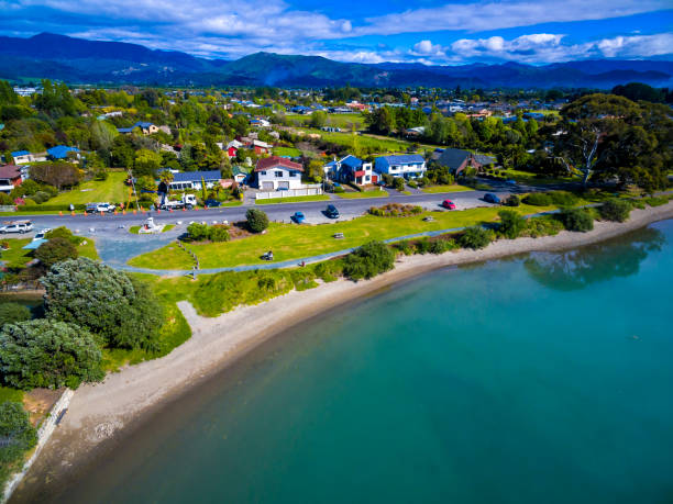 Motueka Beach Aerial view of Motueka in South Island, New Zealand nelson city new zealand stock pictures, royalty-free photos & images