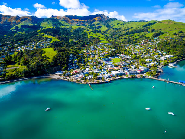 akaroa aerial view - christchurch imagens e fotografias de stock