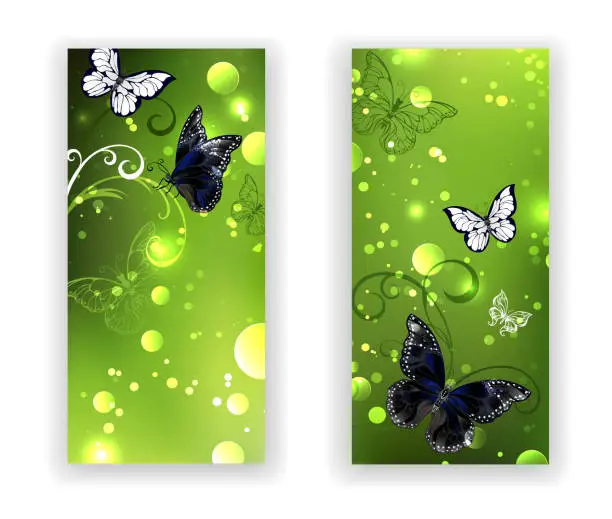Vector illustration of Two green banner with butterflies