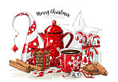 Christmas still-life, red tea pot, coolies, abstract christmas tree, glass jar with candy canes, cinnamon sticks, cup of coffee and jingle bells on white background, illustration