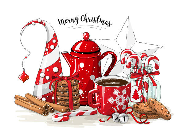 Christmas still-life, red tea pot, coolies, abstract christmas tree, glass jar with candy canes, cinnamon sticks, cup of coffee and jingle bells on white background, illustration vector art illustration