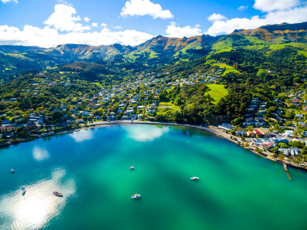 akaroa aerial view - christchurch imagens e fotografias de stock