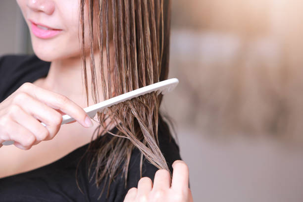 Woman with a comb in her hand on dressing room. hair, comb, woman, combing, wet, young, closeup, long, female, healthy, white, care, haircare, wooden, background, health, straight, concept, beautiful, caucasian, women, hairbrush, natural, fresh, beauty, close, freshness, treatment, brunette, isolated, healthcare, wellness, hairstyle, styling, image, view, blond, high, rear, resolution, hairbrushing, people, person, brown, out, portrait, adult, modern, girl, attractive combing photos stock pictures, royalty-free photos & images
