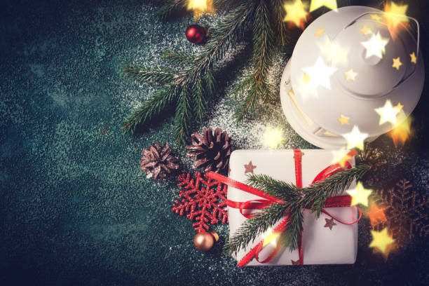 istock Christmas composition with lantern and gift. Xmas greeting card. 871516920