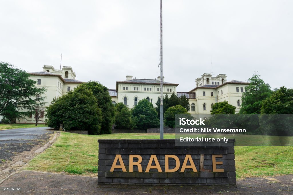 Main entrance of Aradale Lunatic Asylum in Ararat, Australia Ararat, Australia - October 22, 2017: Aradale Lunatic Asylum in Ararat closed in 1993. At one stage it had 1100 residents and 500 staff. Psychiatric Hospital Stock Photo