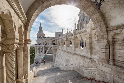 The Fisherman's Bastion is a terrace in neo-Gothic and neo-Romanesque style situated on the Buda bank of the Danube, on the Castle hill in Budapest, around Matthias Church. It was designed and built between 1895 and 1902 on the plans of Frigyes Schulek. 