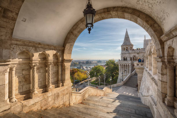 Fishermen's Bastion, Budapest, Hungary The Fisherman's Bastion is a terrace in neo-Gothic and neo-Romanesque style situated on the Buda bank of the Danube, on the Castle hill in Budapest, around Matthias Church. It was designed and built between 1895 and 1902 on the plans of Frigyes Schulek.  fishermens bastion photos stock pictures, royalty-free photos & images