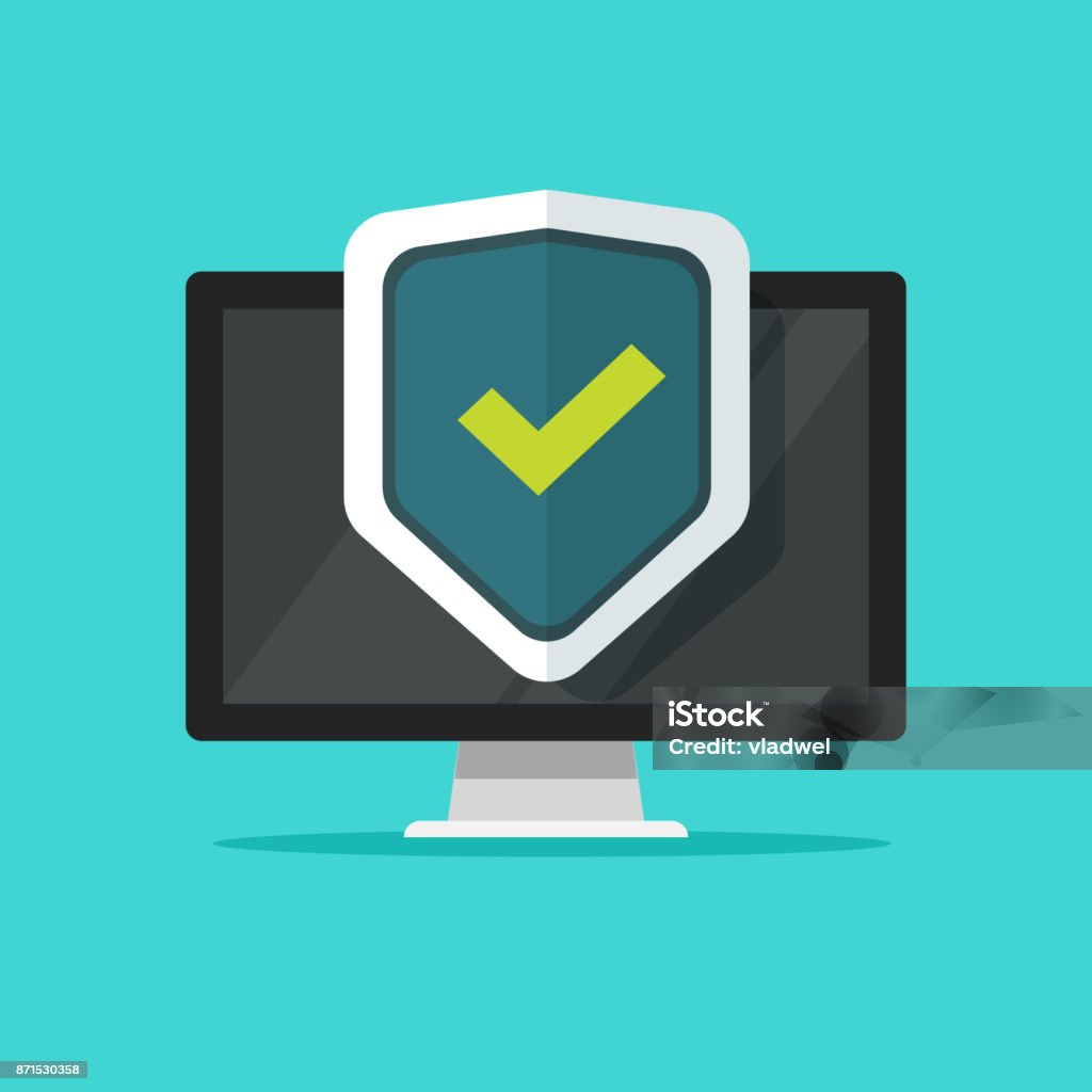 Secure Computer Cartoon Image Computer Security Vector Illustration Flat Cartoon Desktop Pc With ...