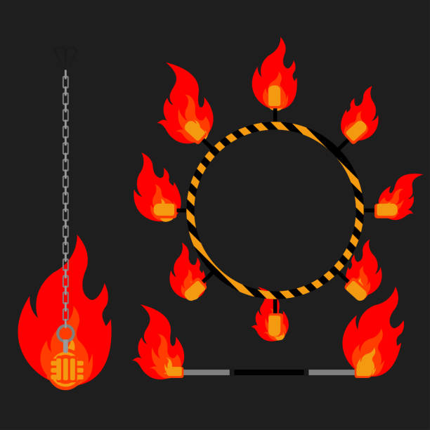 Flat design elements of fire show. Set with accessories and equipment. Flame circus Instrument isolated. devices. Fans, stuff and poi Flat design elements of fire show. Set with accessories and equipment. Flame circus Instrument isolated. devices. Fans, stuff and poi. circus devils stock illustrations