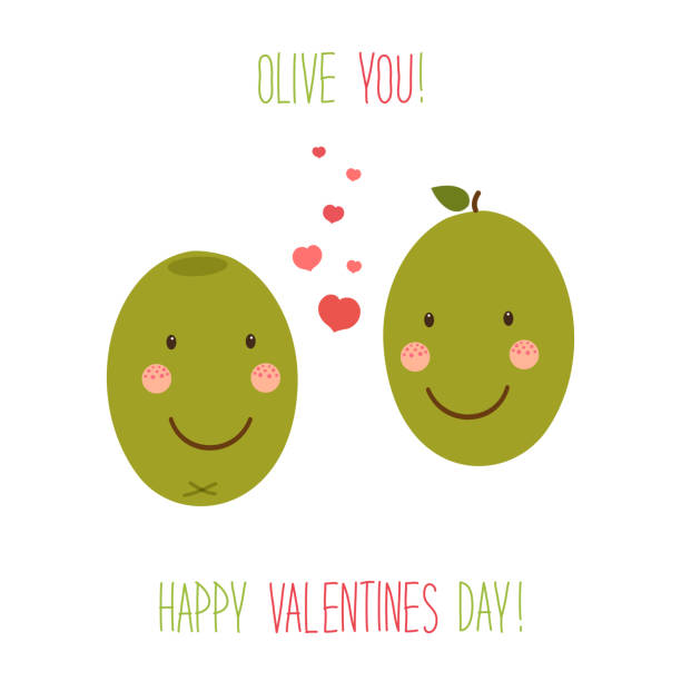 Cute unusual hand drawn Valentines Day card with funny cartoon characters of olive Cute unusual hand drawn Valentines Day card with funny cartoon characters of olive and hand written note olive fruit stock illustrations
