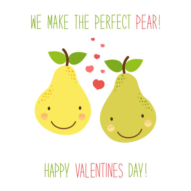 Cute unusual hand drawn Valentines Day card with funny cartoon characters of pear Cute unusual hand drawn Valentines Day card with funny cartoon characters of pear and hand written note perfect pear stock illustrations