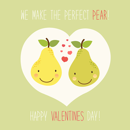 Cute unusual hand drawn Valentines Day card with funny cartoon characters of pear and hand written note