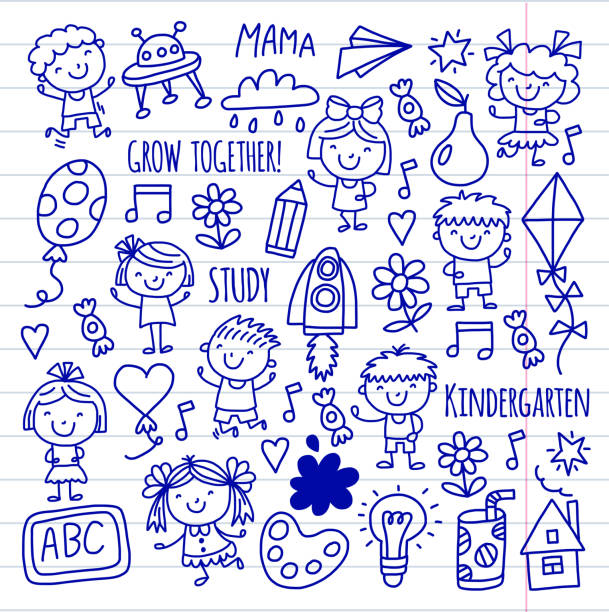 Kids drawing Kindergarten School Happy children play Illustration for kids Nursery Preschool Children icon vector art illustration