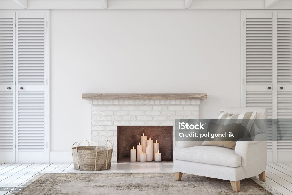 Interior with fireplace. Interior with fireplace in farmhouse style. Interior mock-up. 3d render. Fireplace Stock Photo