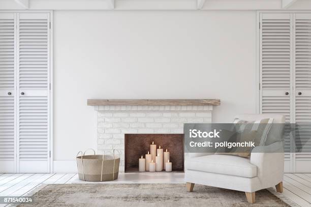 Interior With Fireplace Stock Photo - Download Image Now - Fireplace, Living Room, White Color