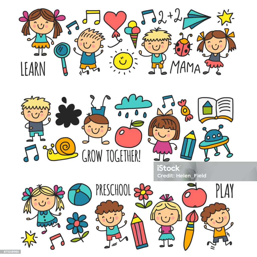 Kinder Kindergarten Schule glückliche Kinder Zeichnung spielen Illustration für Kinder Kindergartenkinder im Vorschulalter Symbol - Lizenzfrei Kind Vektorgrafik