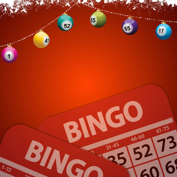 Christmas bingo baubles on festive red background Festive Decorated Red Background Copy Space with Snow Christmas Bingo Lottery Baubles and Bingo Cards blank bingo cards stock illustrations