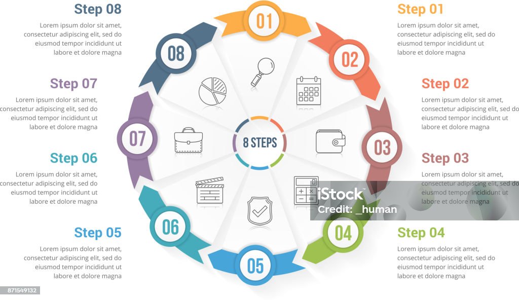 Circle Arrows with Eight Elements Circle arrows - infographic template with eight elements, steps or options, workflow or process diagram, vector eps10 illustration Circle stock vector