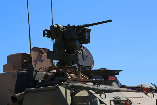 Close up of armoured vehicle gun turret