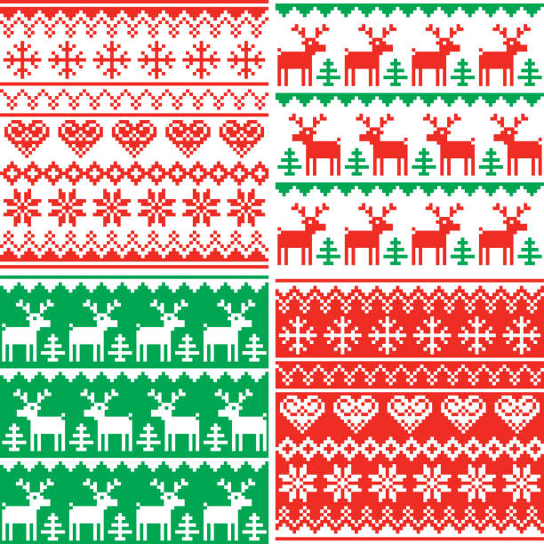 Christmas vector patttern set, Winter seamless design collection, ugly Xmas jumper style Xmas repetitive background set in red and blue, reindeer and snowflakes decoration christmas sweater stock illustrations