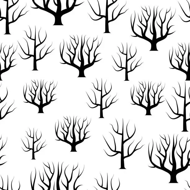 Vector illustration of Seamless black and white curved trees without leaves backgrounds