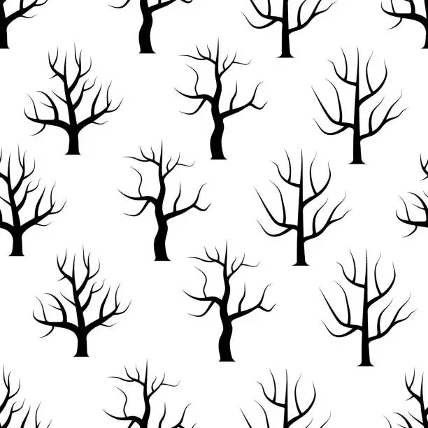 Vector illustration of Seamless black and white curved trees without leaves backgrounds